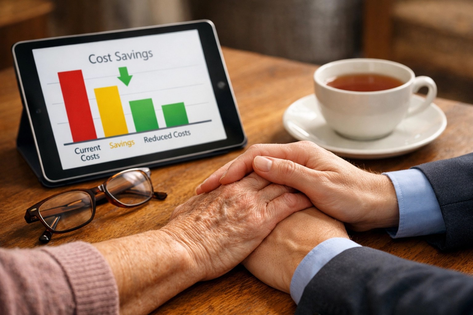 A professional and a senior reviewing personalized Medicare plan recommendations for cost savings.