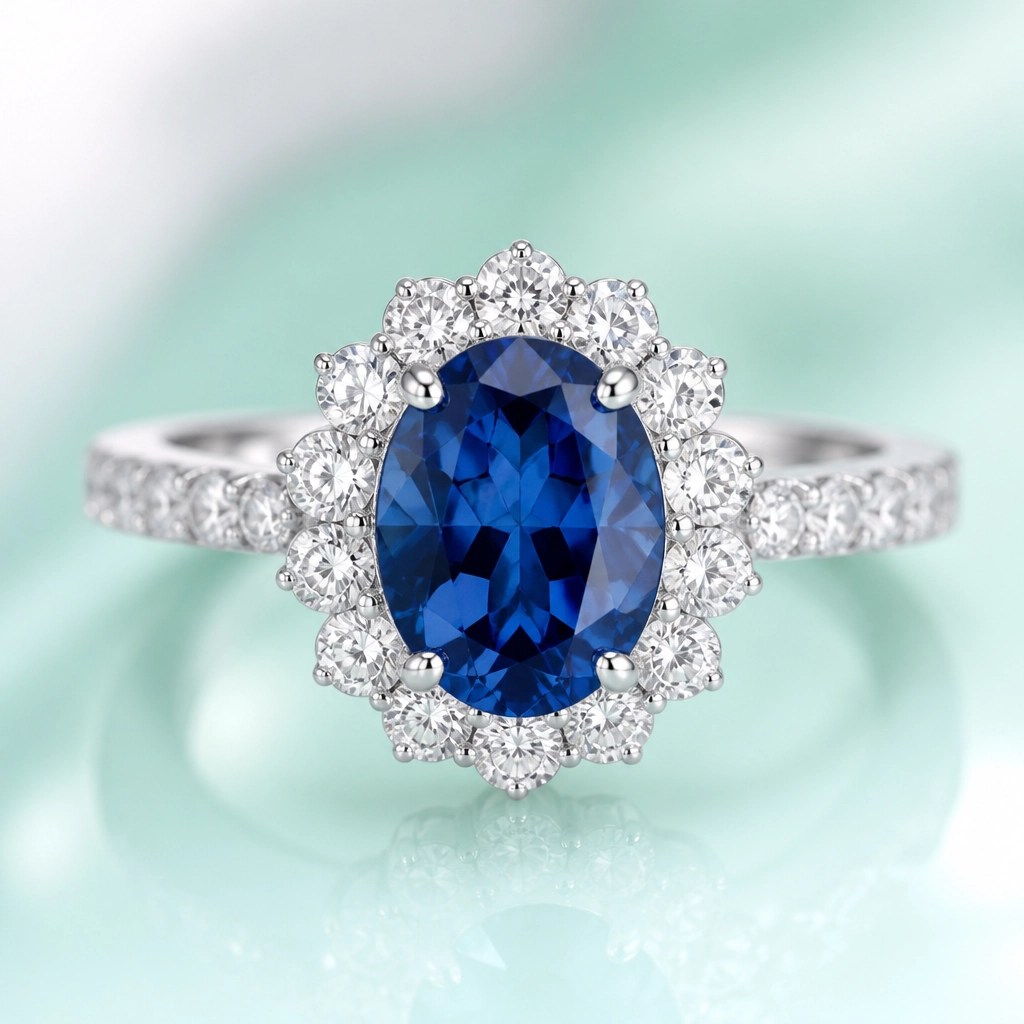 Macro photo of a sapphire and diamond ring on a mint and white pastel gradient