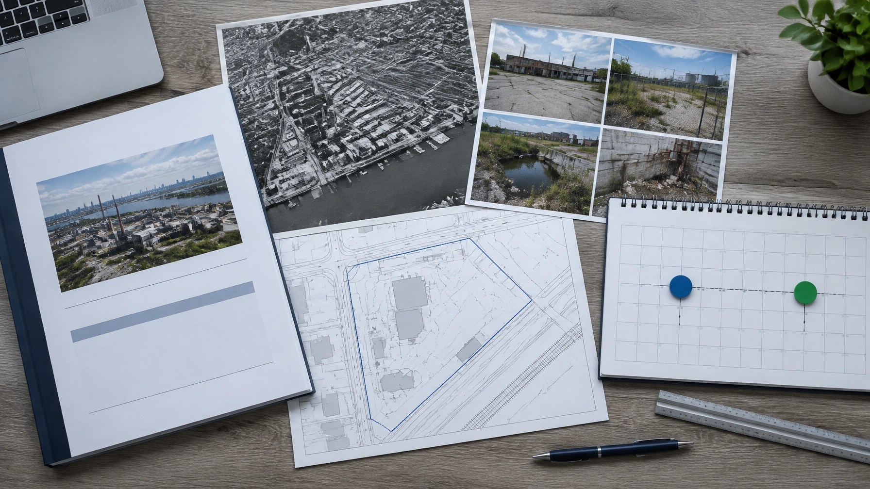 Technical Phase I ESA due diligence timeline with an environmental report, site photographs, historical aerial map, property plan, and visual time markers for the two compliance windows