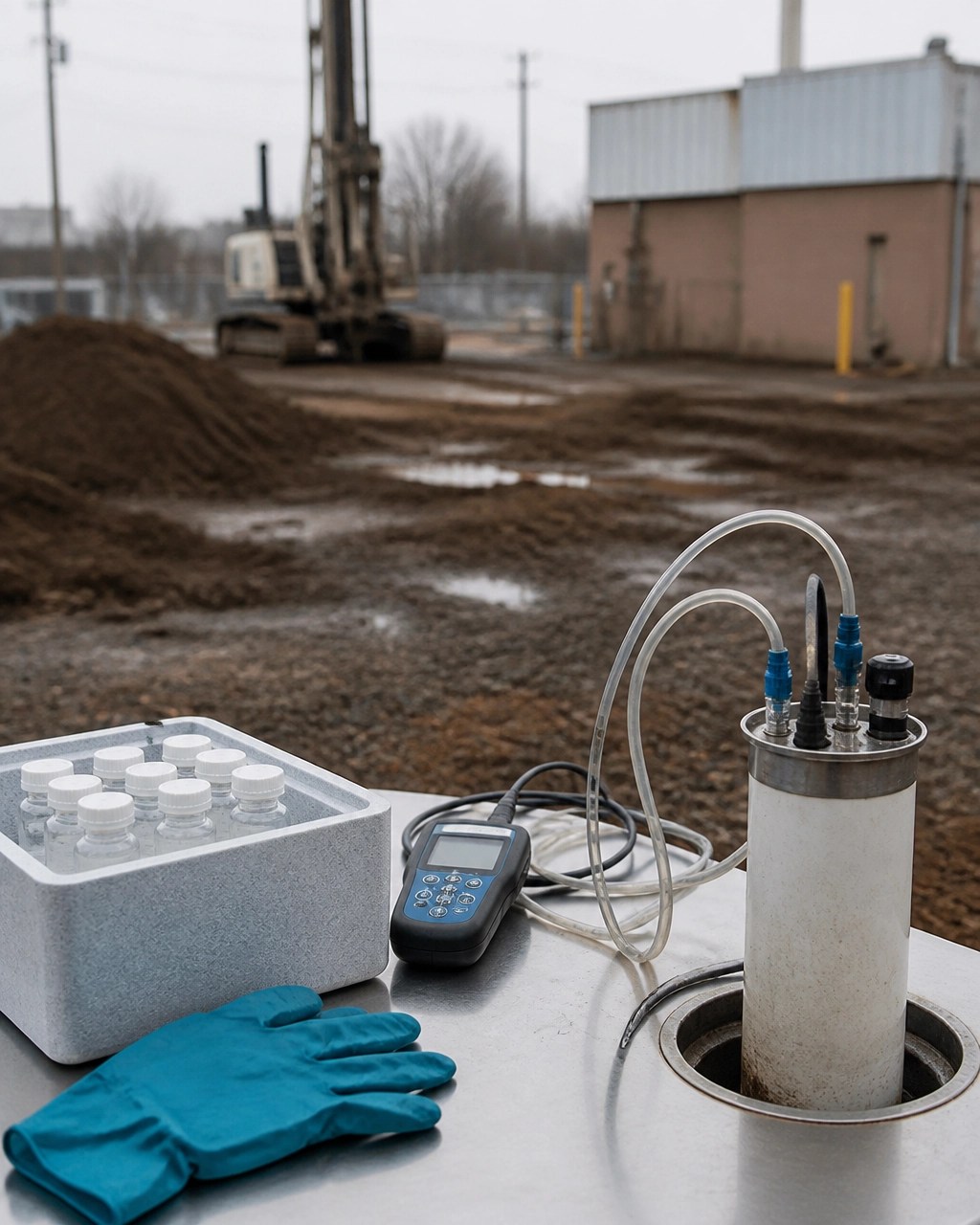PFAS sampling equipment, monitoring well components, and sample vials arranged for a New Jersey site investigation