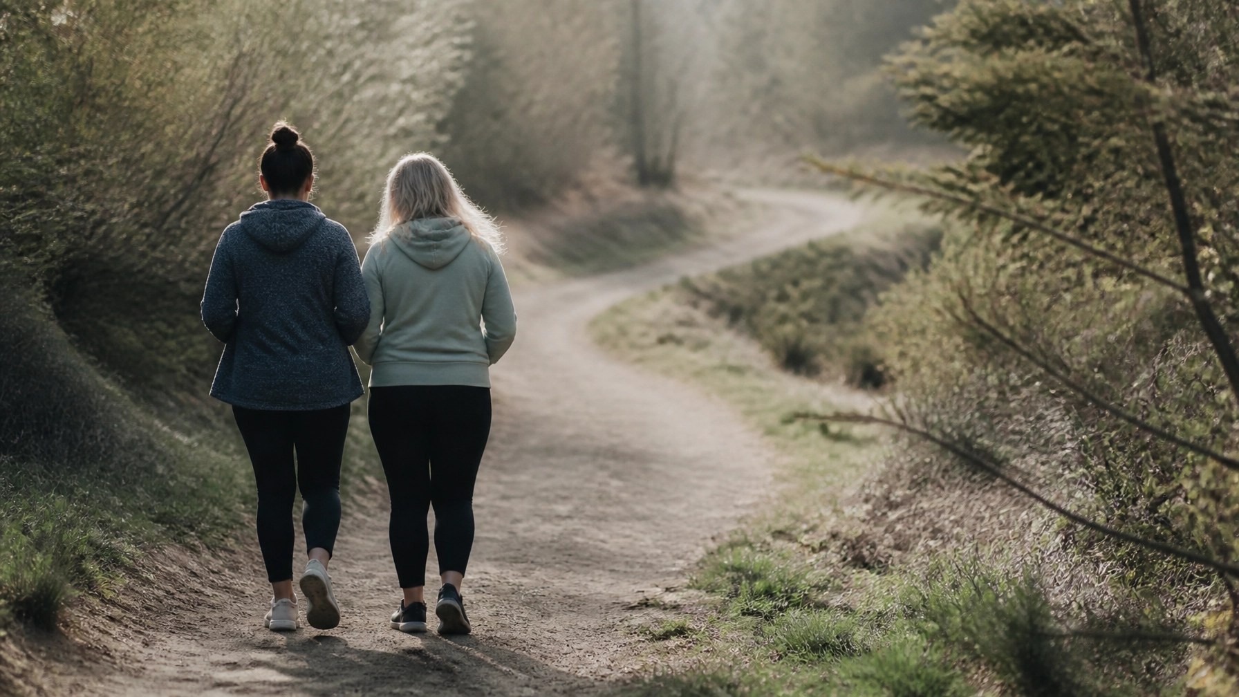 Two adults walk slowly side by side down a winding dirt path through muted green trees. Seen from behind in soft morning light, the scene carries a quiet sense of companionship and shared endurance.