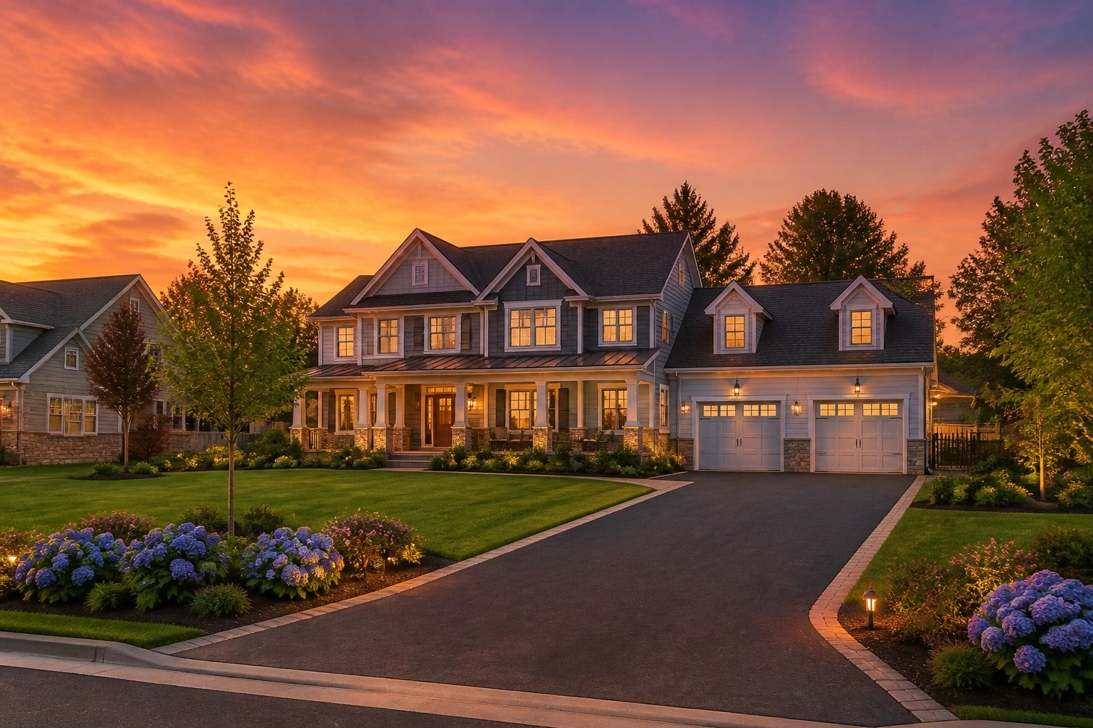Modern luxury home in Columbia, Maryland with professional landscaping and high curb appeal during summer.