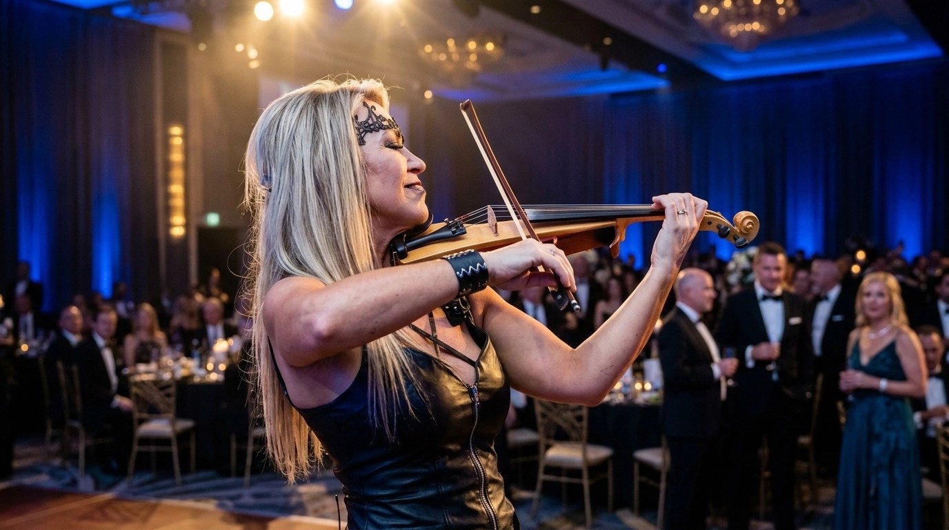 A solo female violinist performing in a modern luxury corporate gala setting with sophisticated lighting and a sleek electric violin.