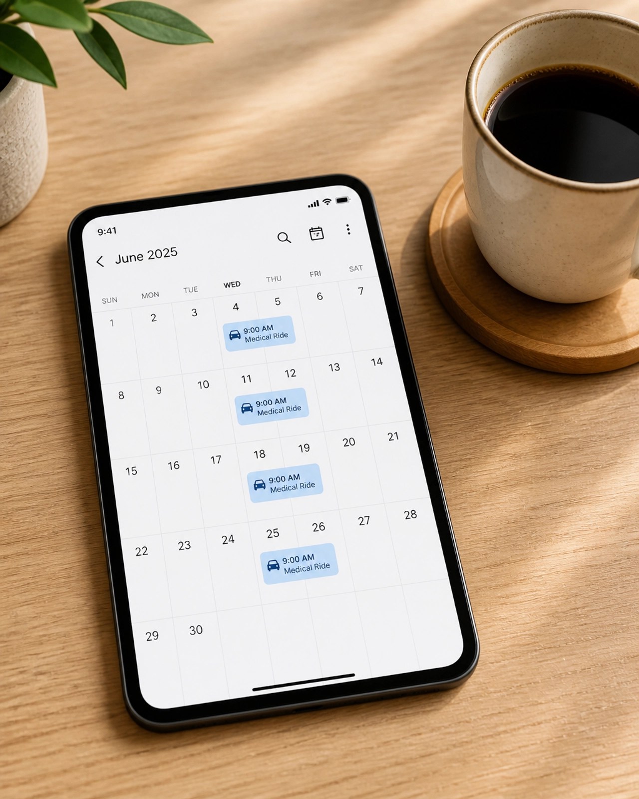 A tablet showing a calendar with recurring medical appointments