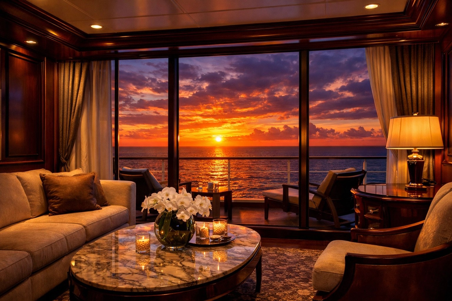 Luxury cruise ship suite interior with ocean sunset view through floor-to-ceiling windows