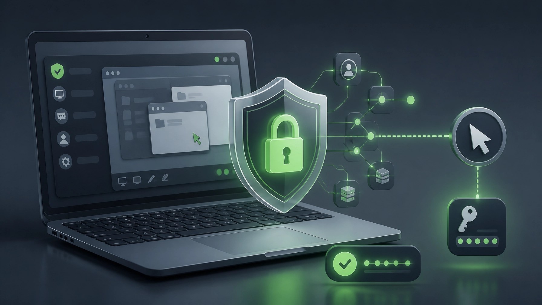 Illustration of secure remote assistance with a laptop, cybersecurity shield, network nodes, and trusted access indicator