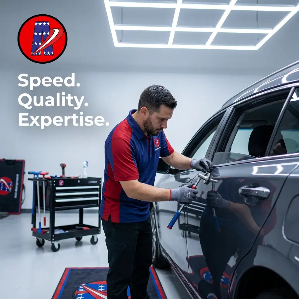 Elite PDR technician in uniform using specialized tools to repair hail damage on a vehicle door in a well-lit workshop.