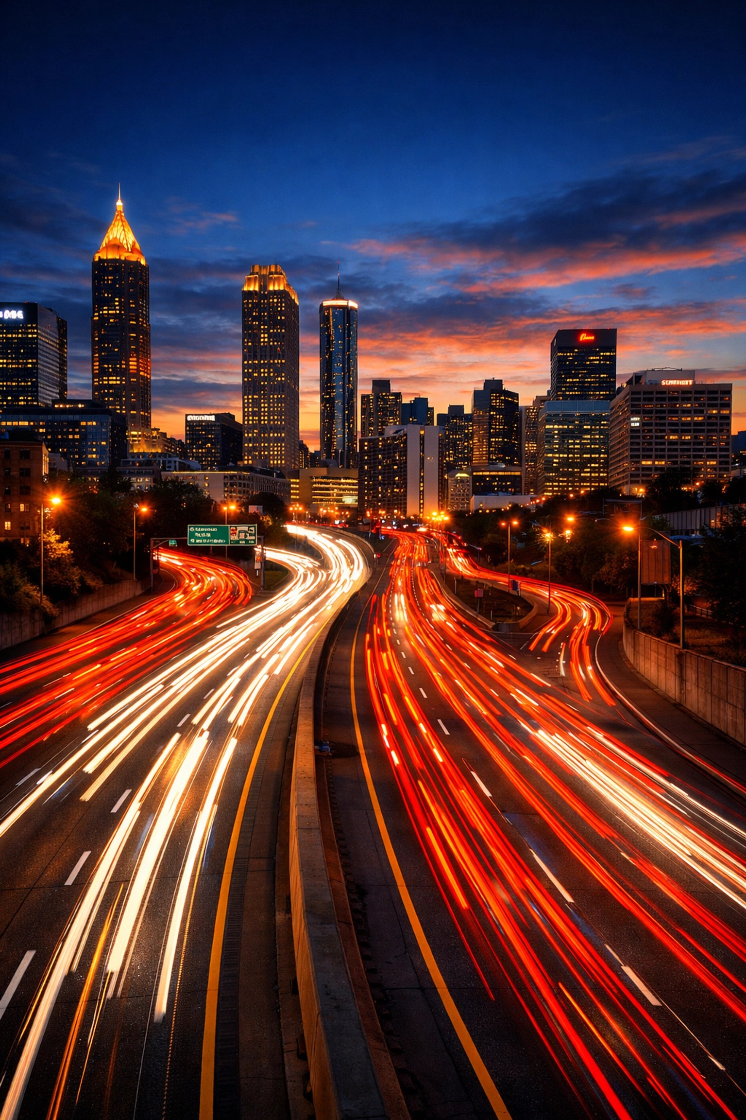 Time-lapse photo of traffic on the Atlanta Downtown Connector highlighting local driving risks and insurance.