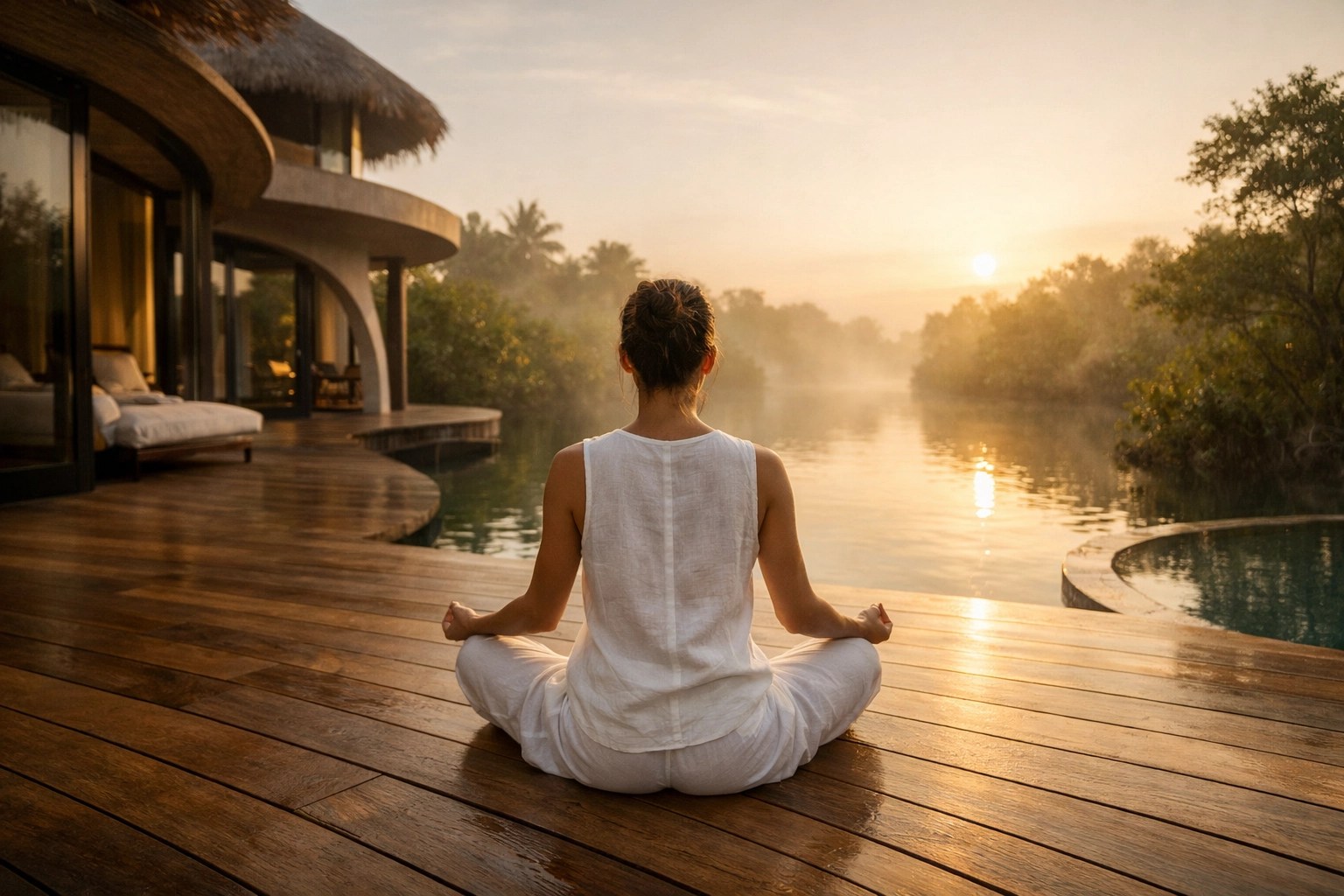 Meditative sunrise session at Alila Mayakoba, a premier choice for all-inclusive luxury resorts.