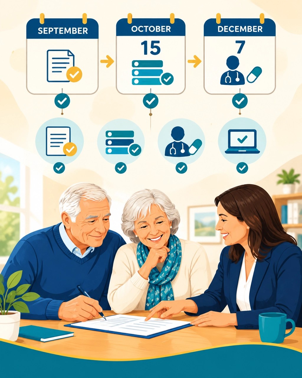 Senior couple confidently completing a Medicare enrollment checklist with an advisor during the October 15 to December 7 enrollment period