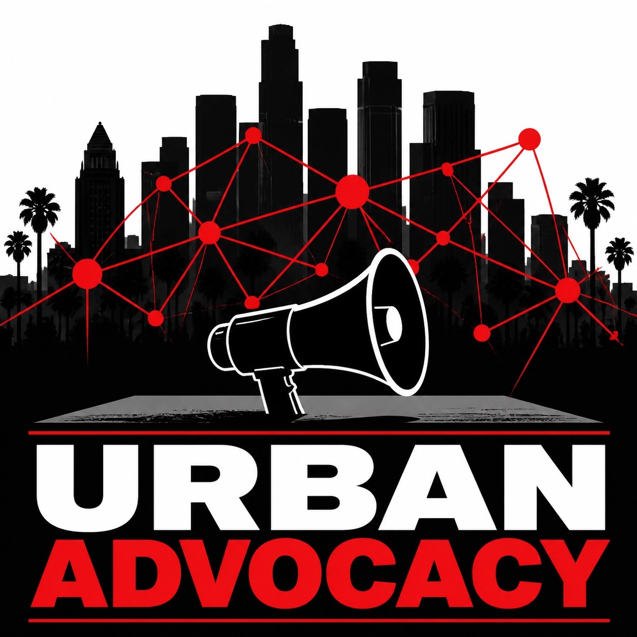 Los Angeles skyline and megaphone symbolizing urban advocacy and community political news.