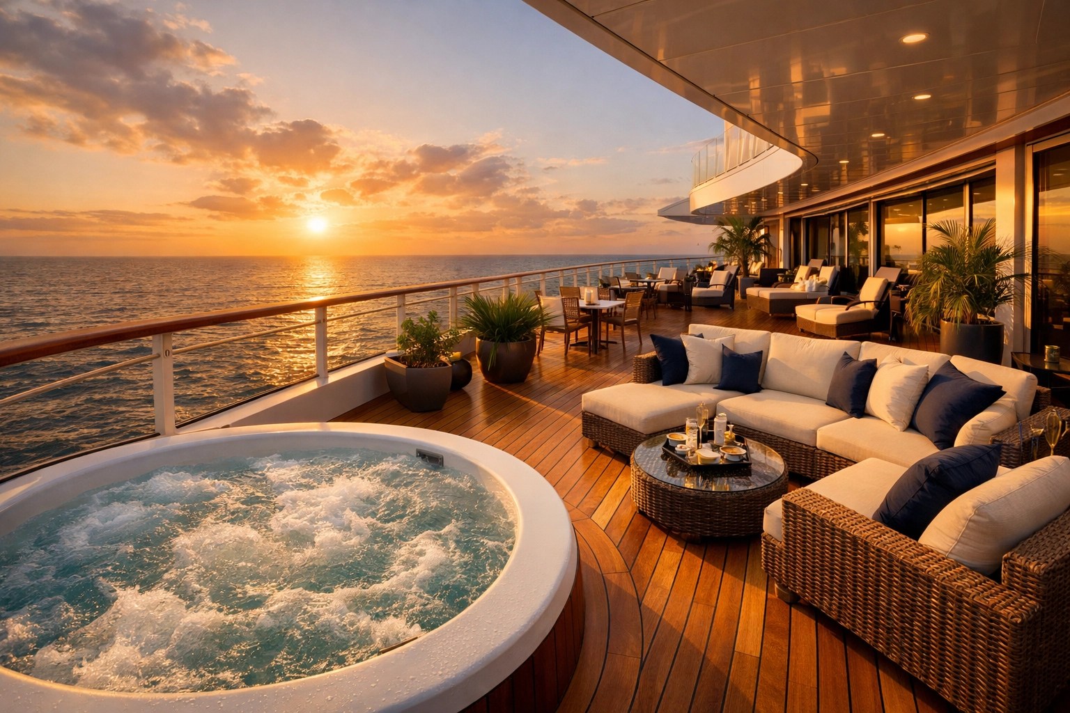Private wraparound terrace with whirlpool spa on luxury cruise suite