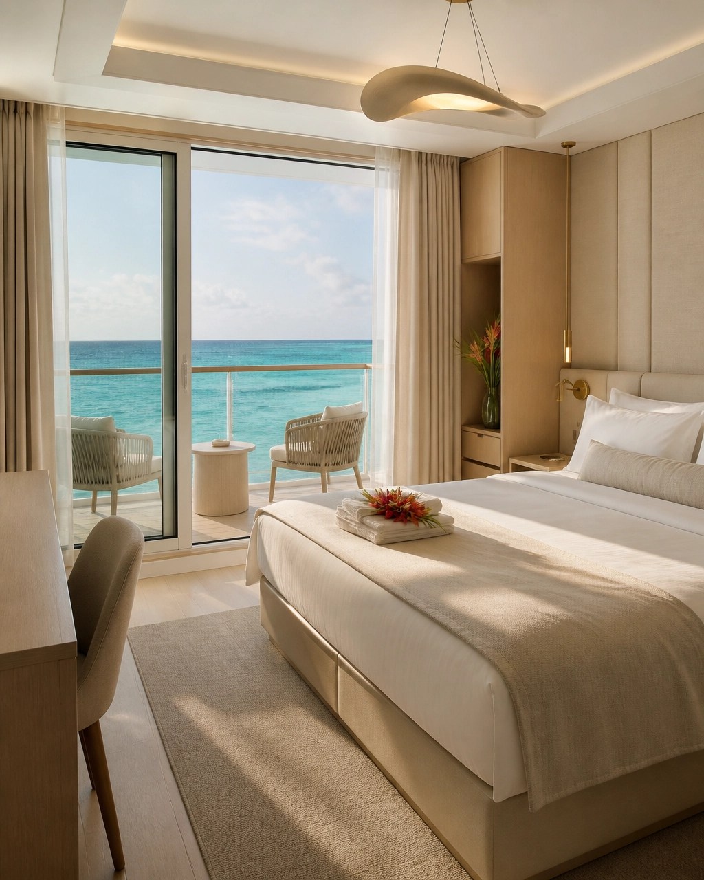 Elegant cruise suite with warm neutral design and a turquoise Caribbean view