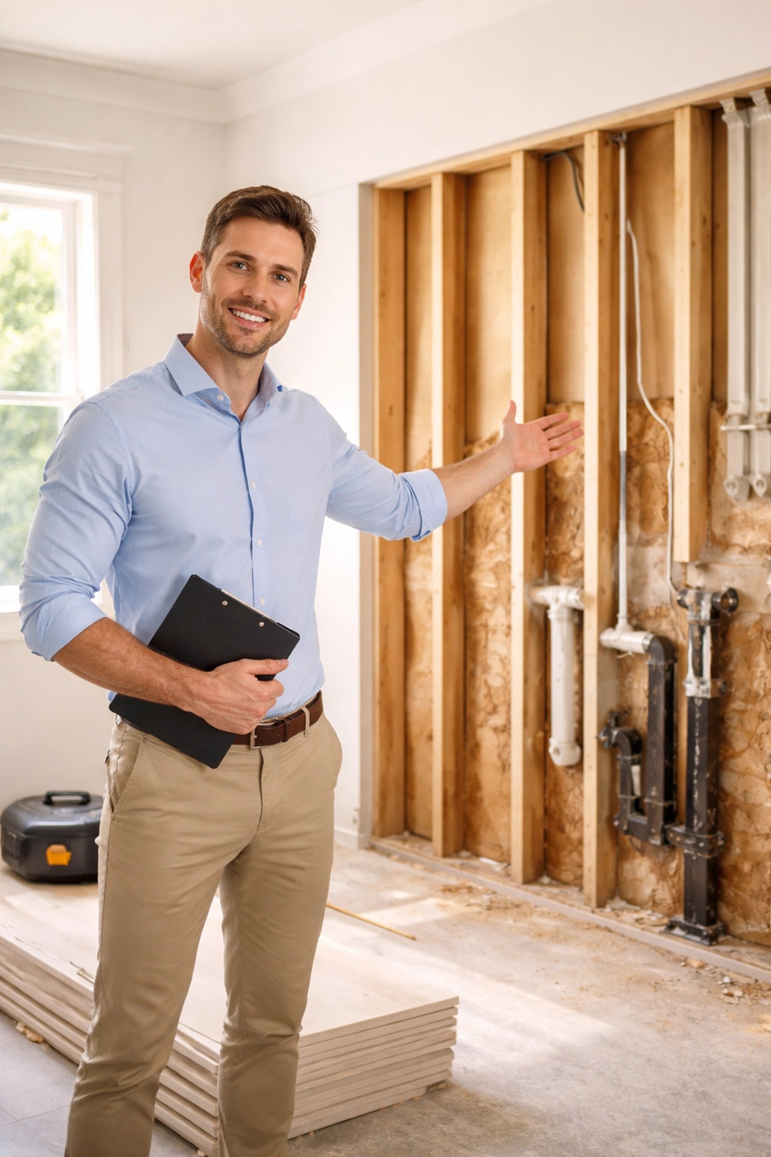 Realtor with construction experience explains exposed wall studs and plumbing during home tour in renovated kitchen