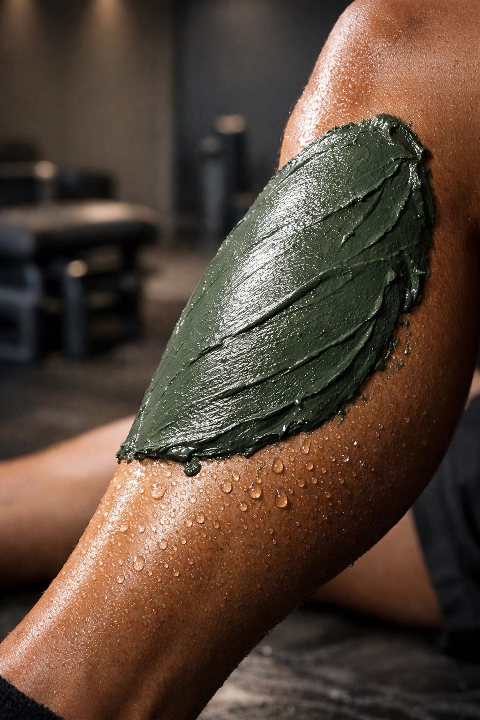 Green mineral clay applied to an athlete's calf muscle for faster recovery from muscle trauma and inflammation.