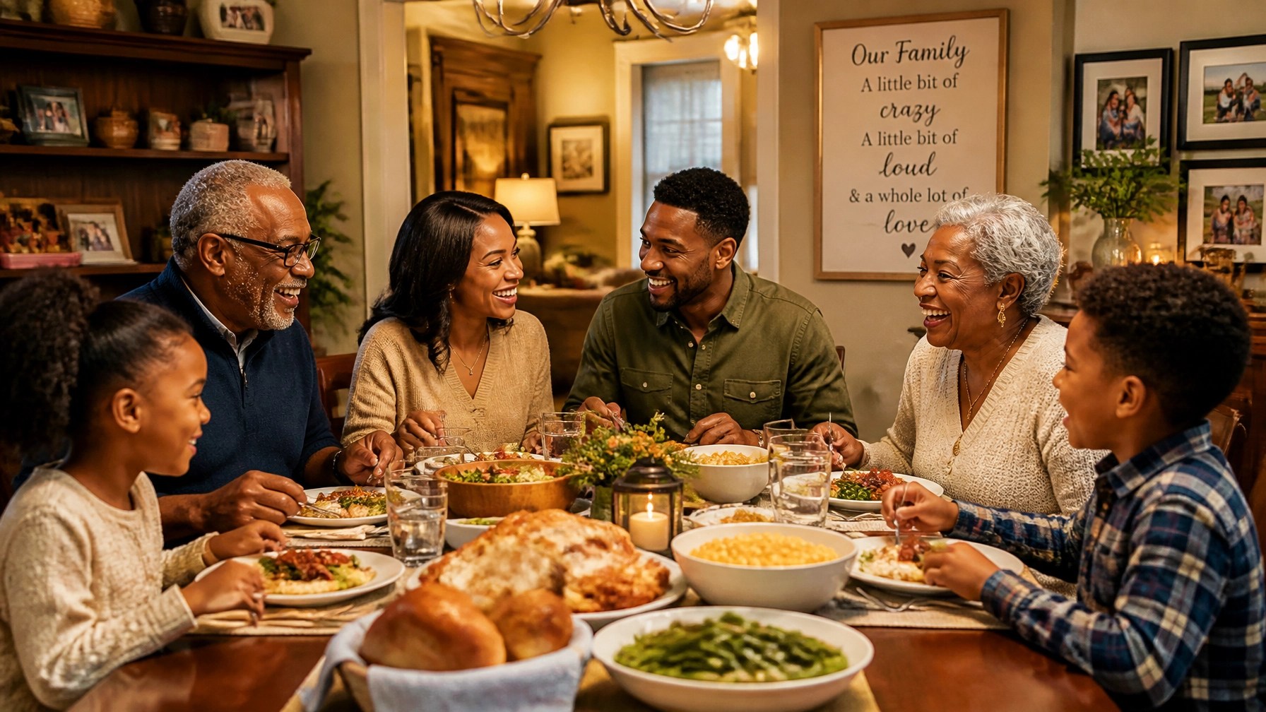 A multi-generational family gathering together in a living room, smiling and talking.