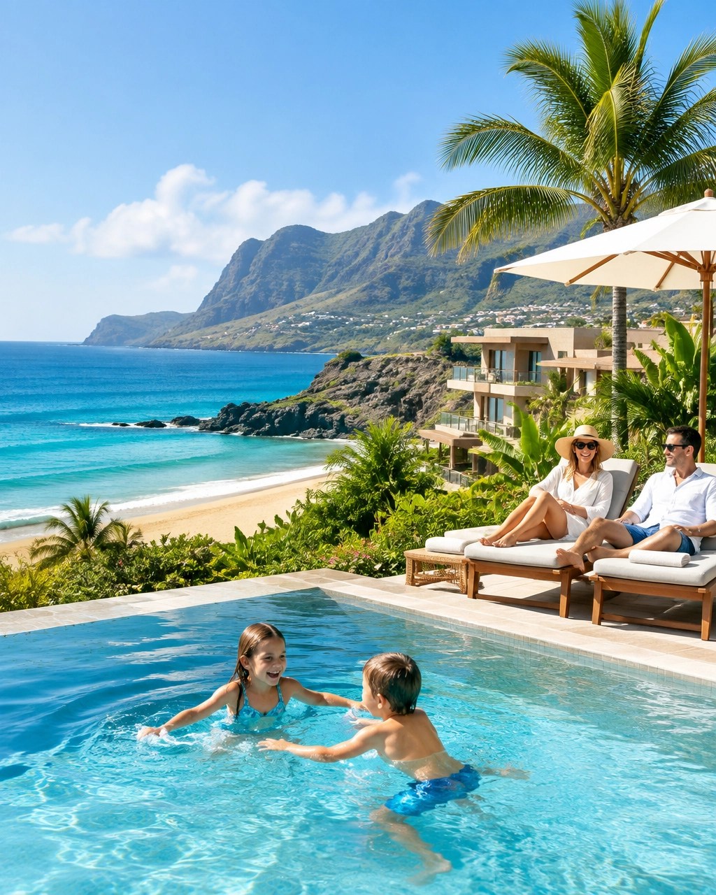 Family enjoying a calm, sunny resort setting in Cape Verde or Madeira