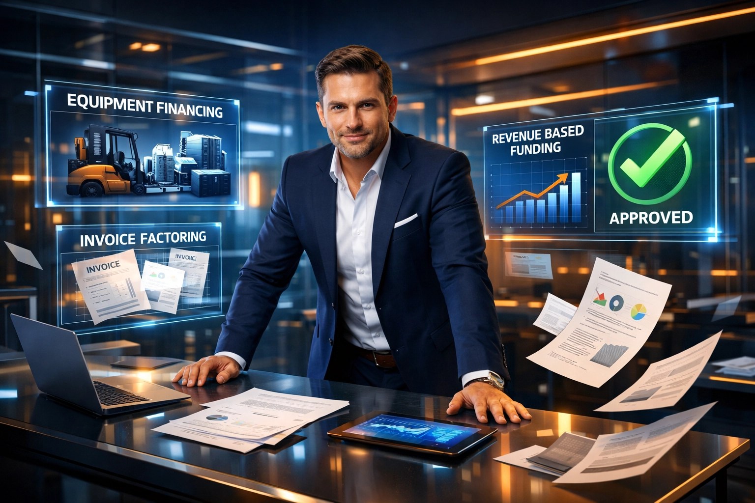 Business owner reviewing multiple funding options including equipment financing and invoice factoring