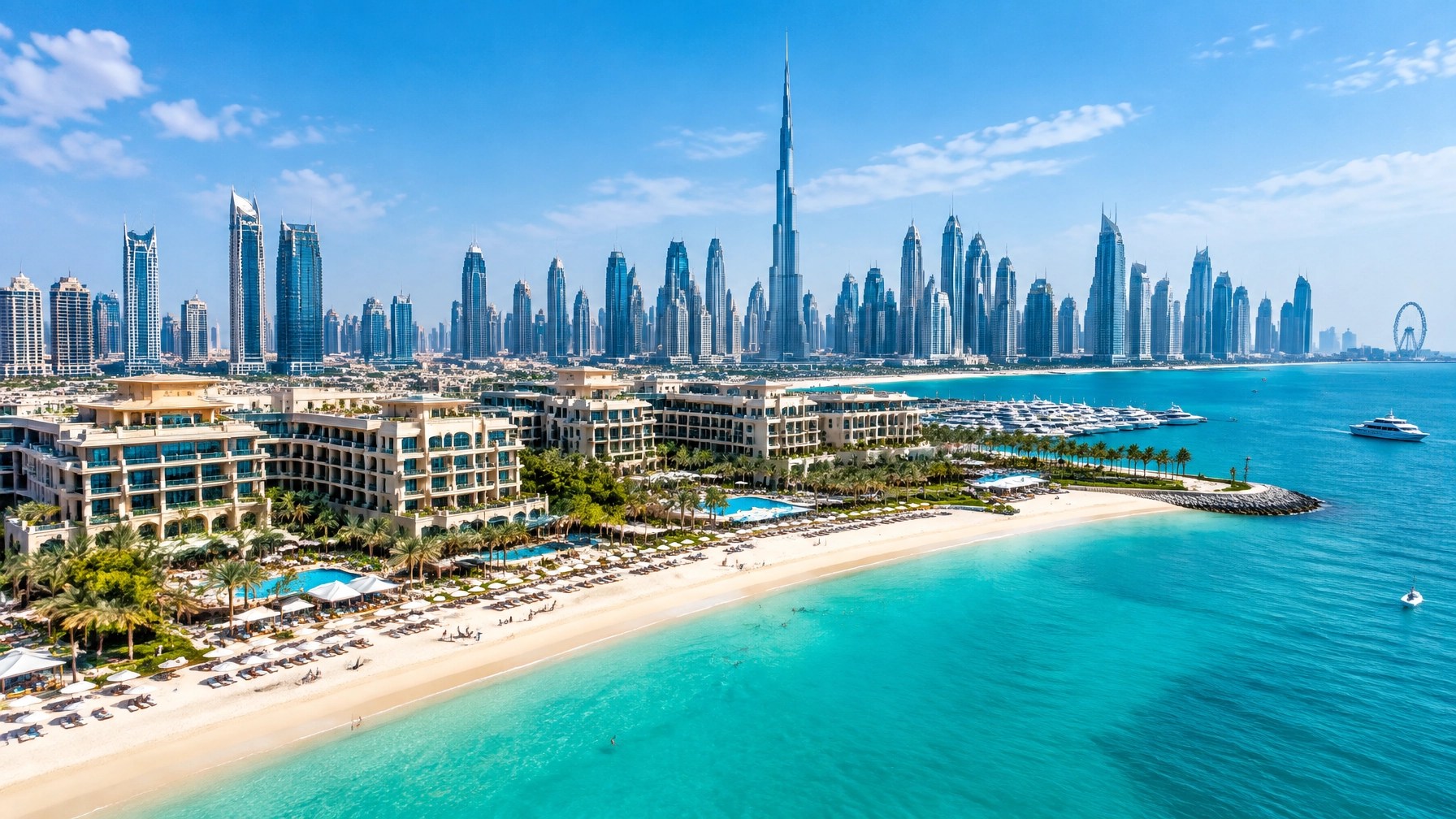 Bright sunny daytime view of Dubai skyline, turquoise beach and polished beachfront hotels