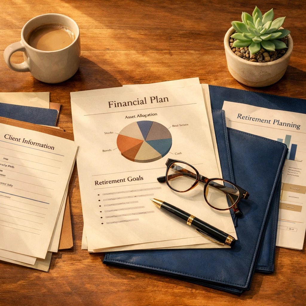 Organized financial planning desk with documents for retirement income strategy