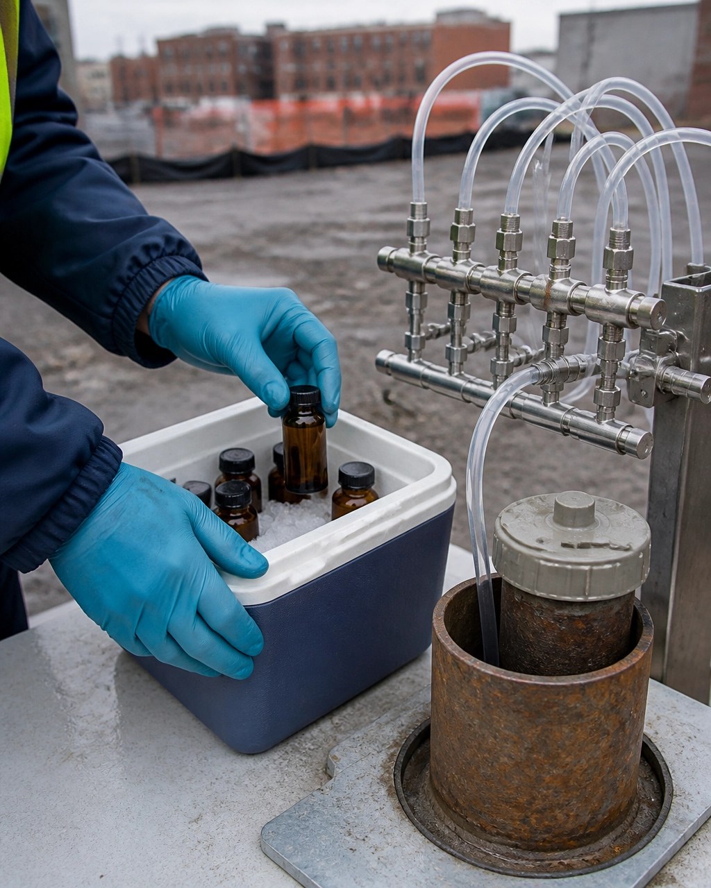 PFAS groundwater sampling equipment with laboratory vials and a monitoring well