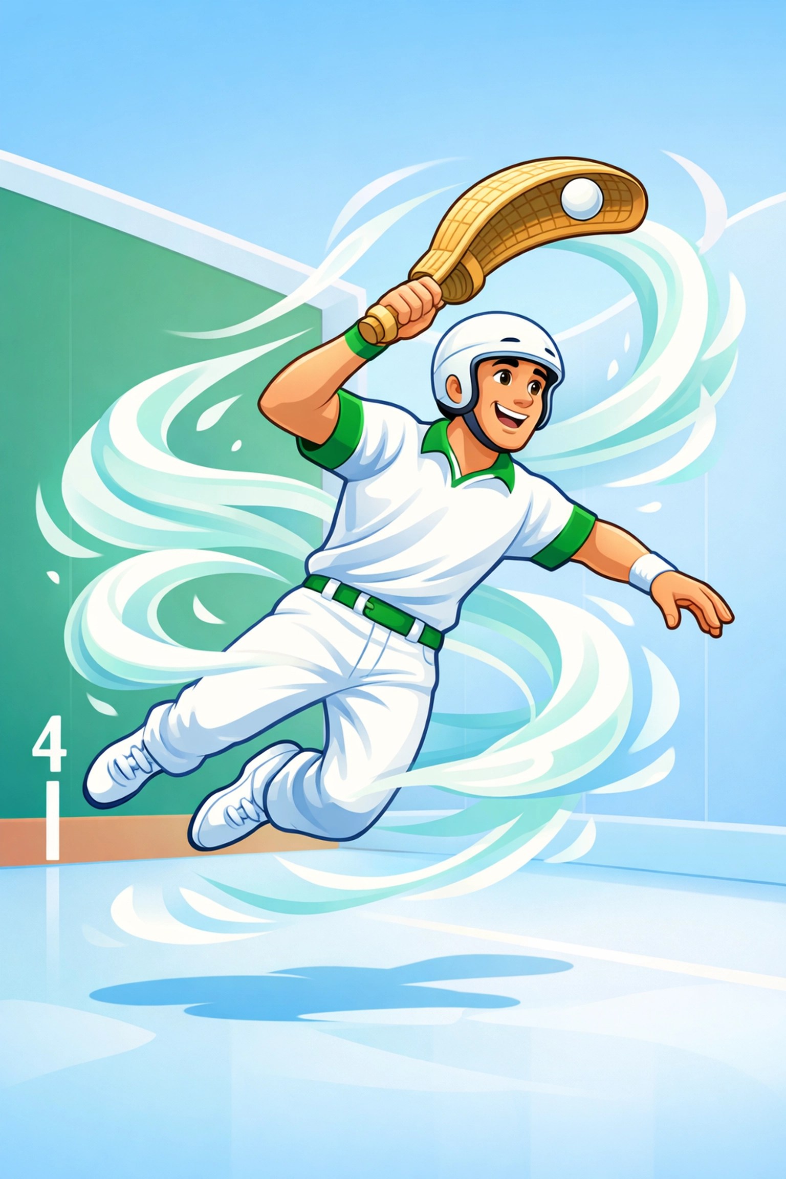 Cartoon Jai Alai athlete jumping with fresh swirls, representing the best aluminum free deodorant.
