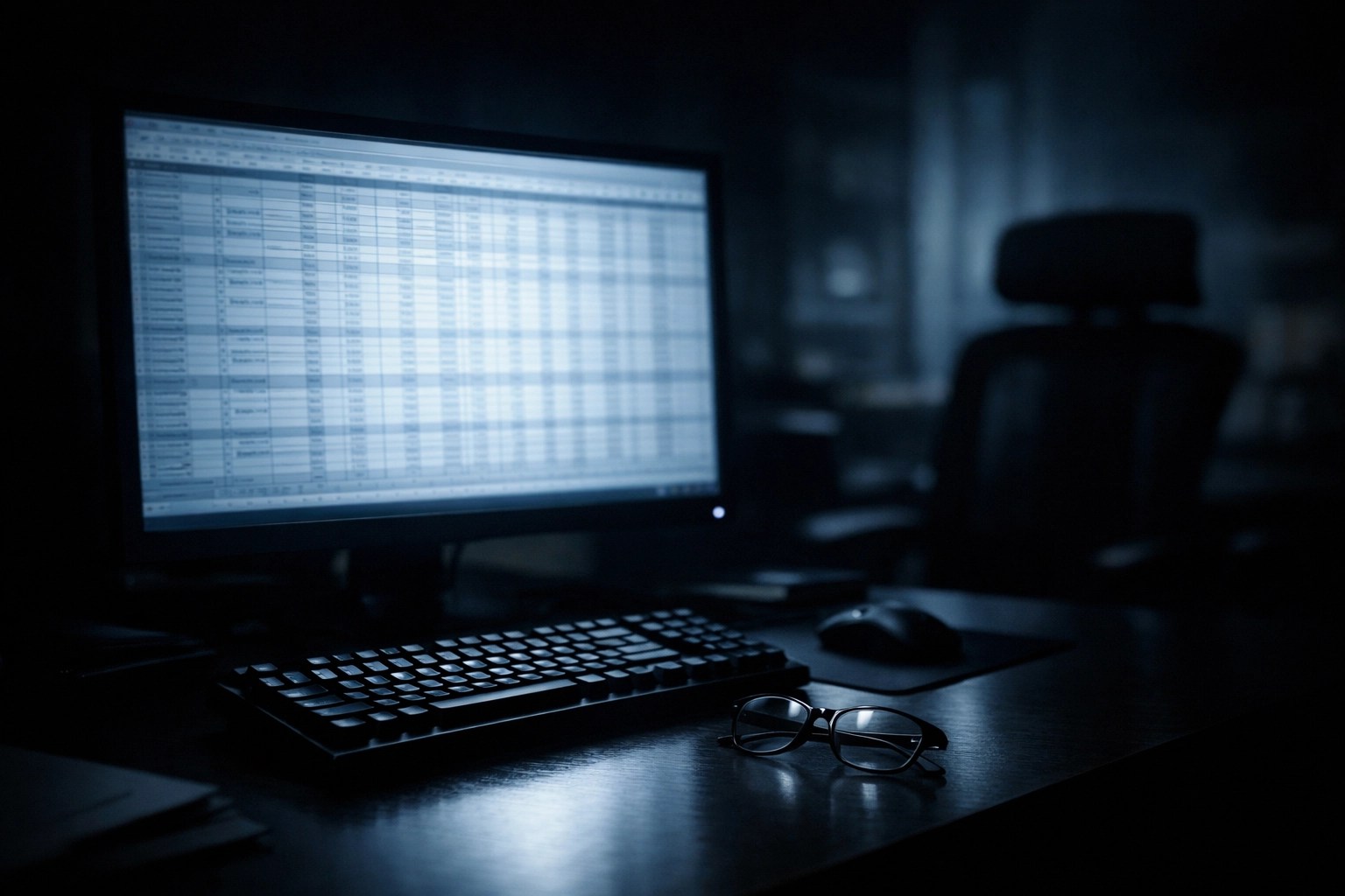 A dimly lit workstation with a glowing spreadsheet screen, representing malware hiding in trusted cloud applications.