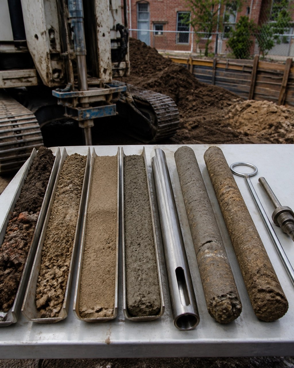 Split-spoon soil samples and rock core specimens showing variable urban fill and subsurface materials