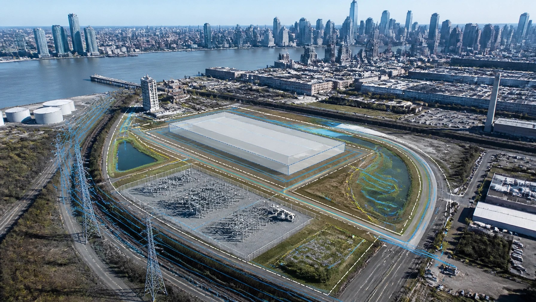 Industrial redevelopment parcel with transmission infrastructure, substation, utilities, and planned building footprint