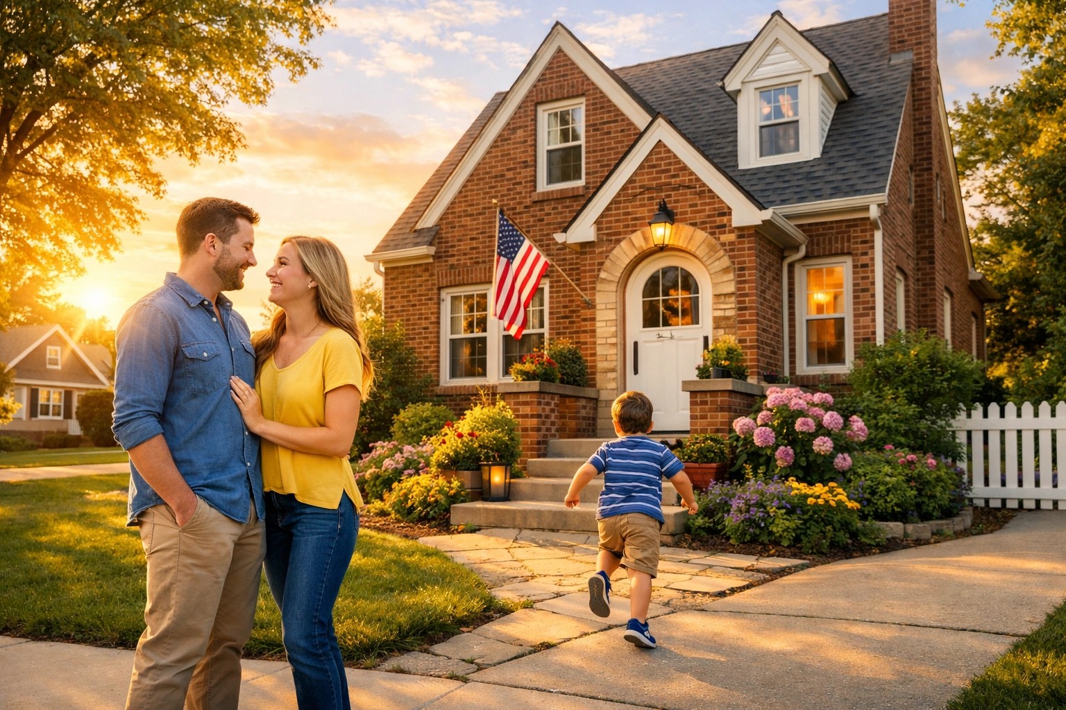 A happy family standing in front of their new home in a quiet Mercer County, New Jersey neighborhood.