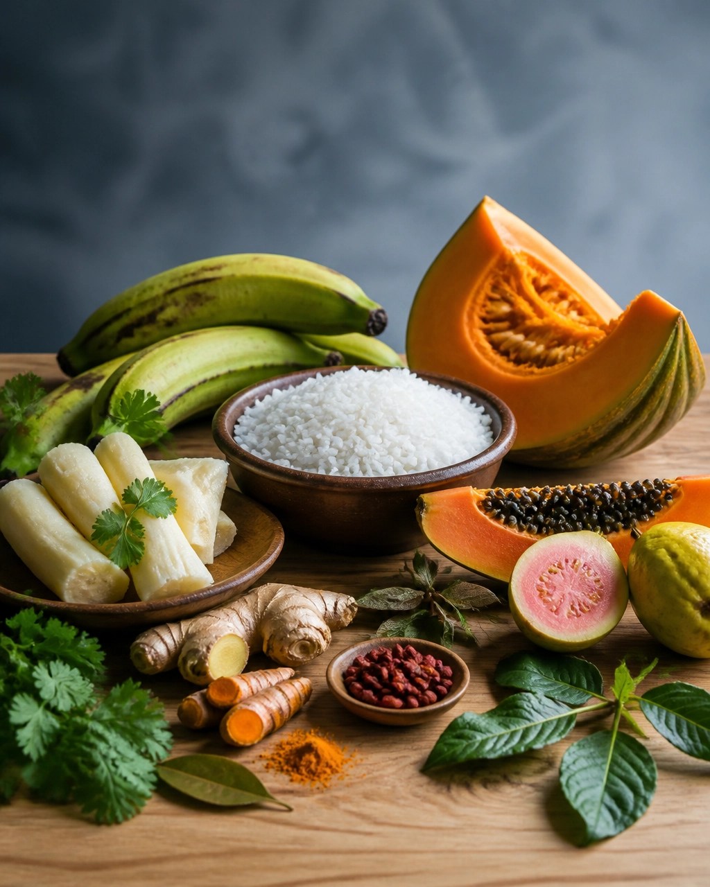 Ingredientes colombianos para una alimentación ligera: arroz, ahuyama, papaya, plátano, jengibre, cúrcuma y cilantro