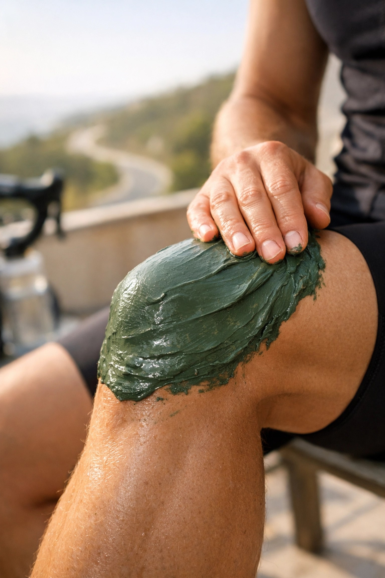 Cyclist applying green clay to quad muscles for post-ride leg recovery and inflammation.