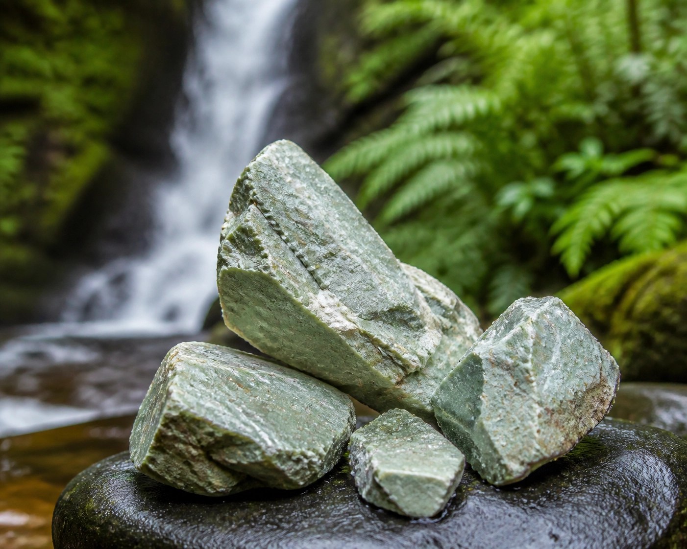 Raw chunks of mineral-rich French green clay in a natural outdoor environment.