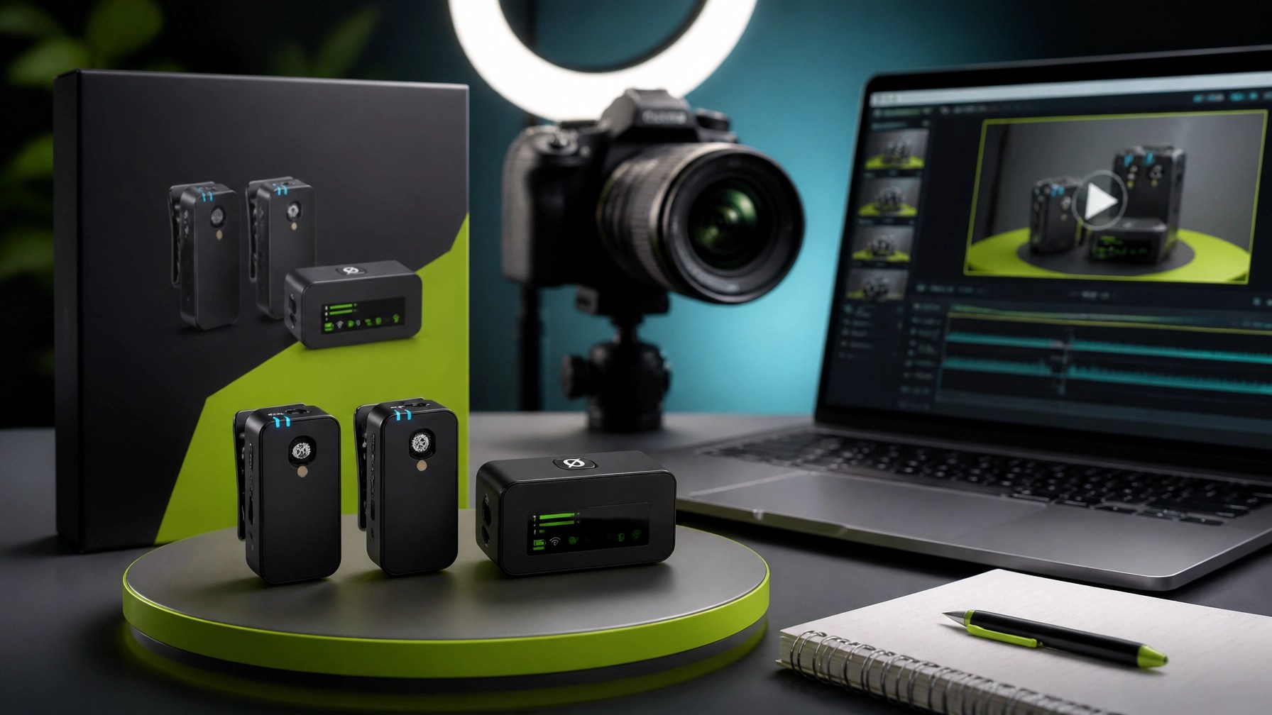 Compact dual-channel wireless microphone system beside camera and laptop for creator production