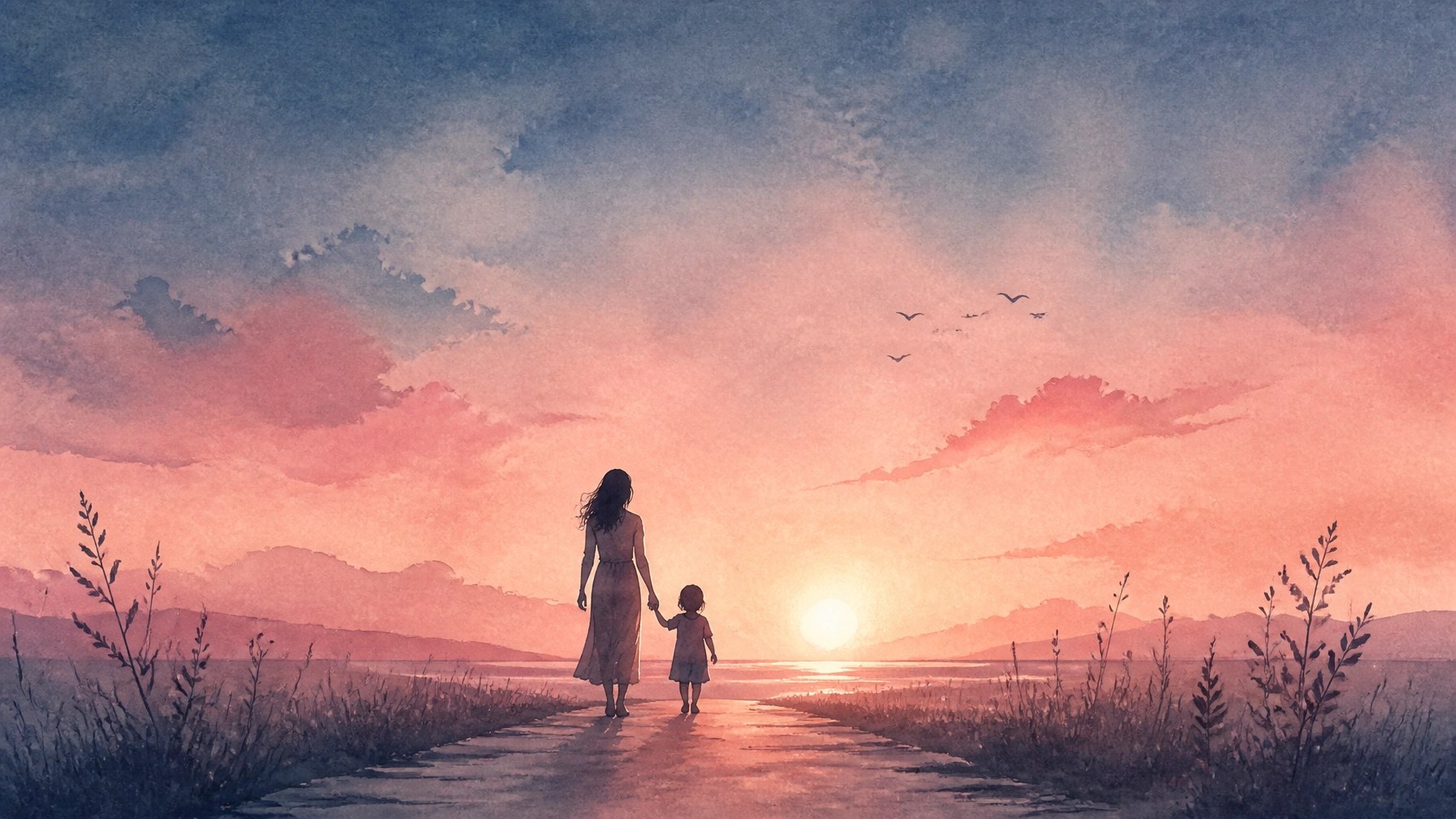 A peaceful silhouette of a mother and child walking toward a soft horizon at sunset.