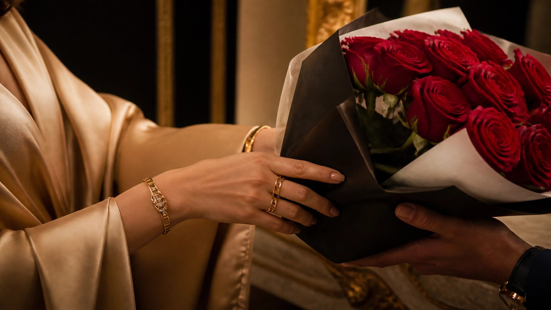 Dating advice for women and feminine energy: receiving red roses with elegant gold jewelry in warm amber light