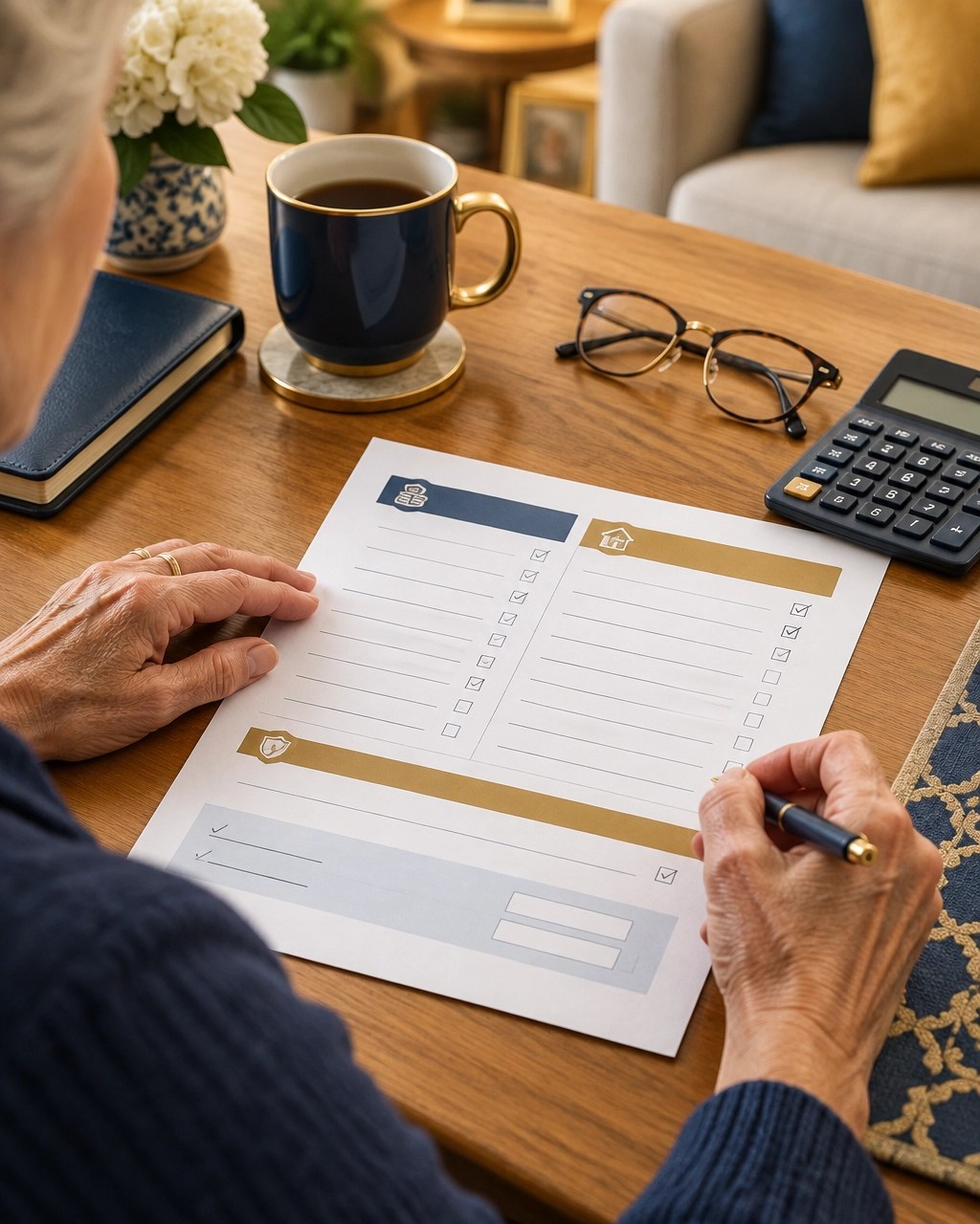 Senior reviewing a monthly income and expenses worksheet