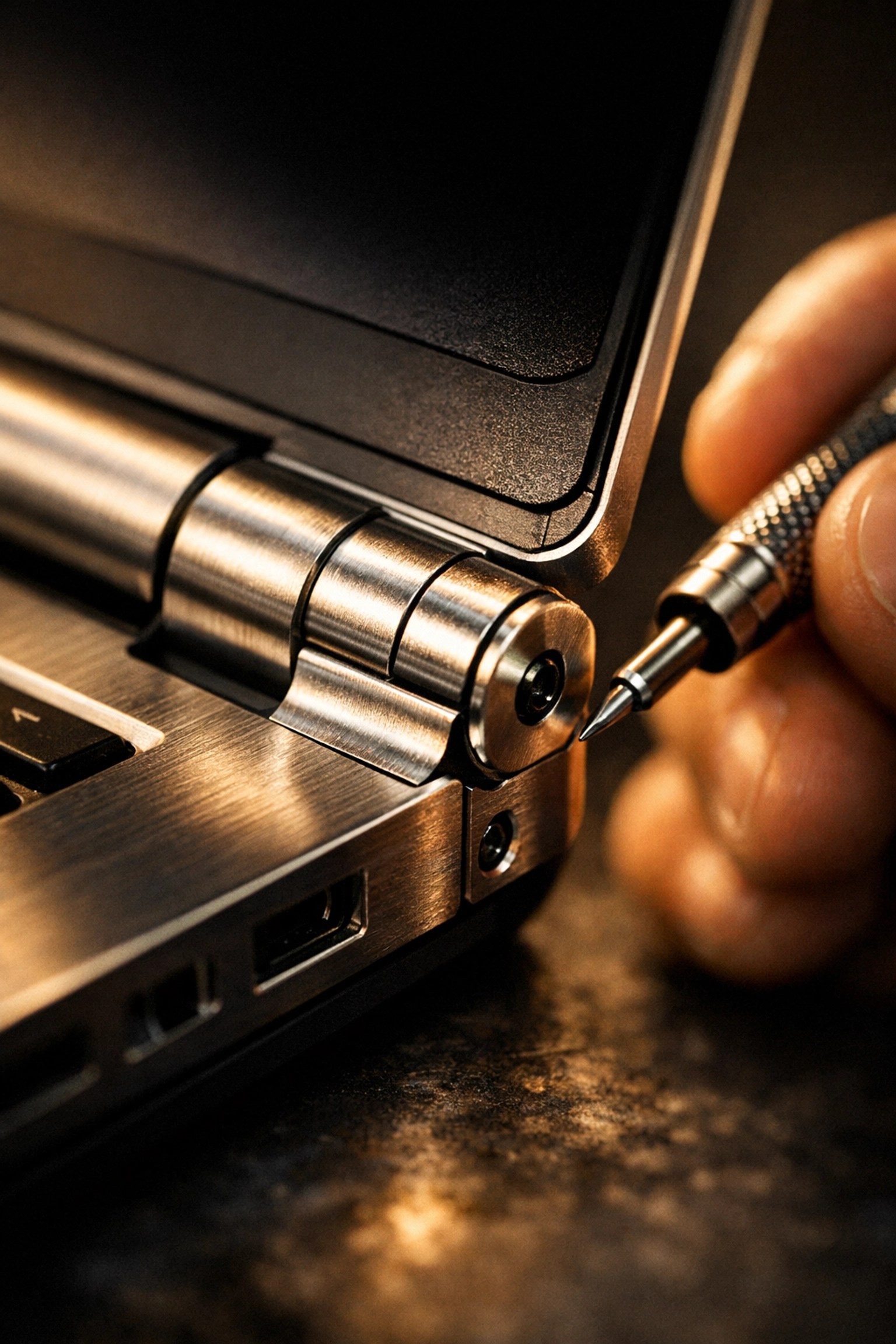 Professional inspection of a durable metal laptop hinge highlighting high-quality computer hardware build.
