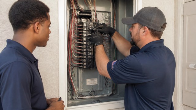 An electrician and a colleague working collaboratively on a residential electrical panel