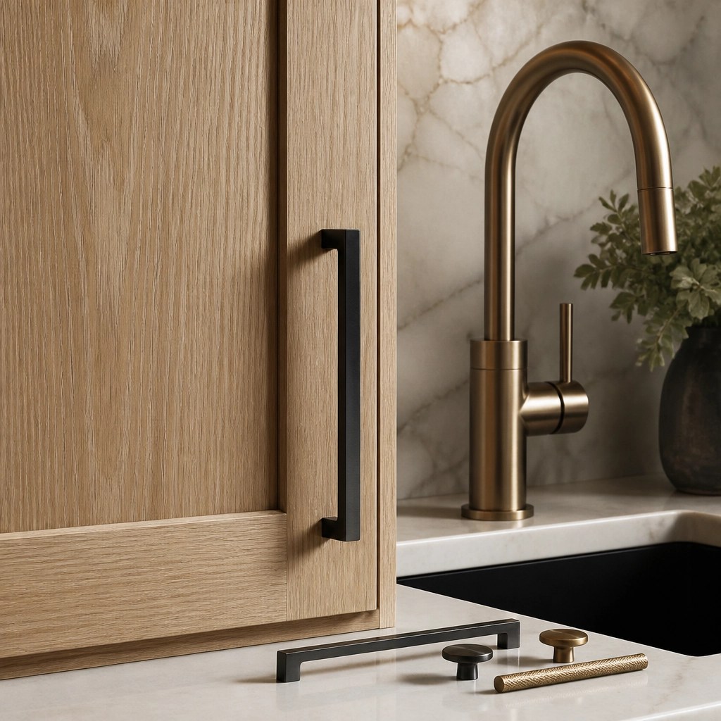 Close-up of white oak cabinetry with brushed bronze faucet and hardware samples