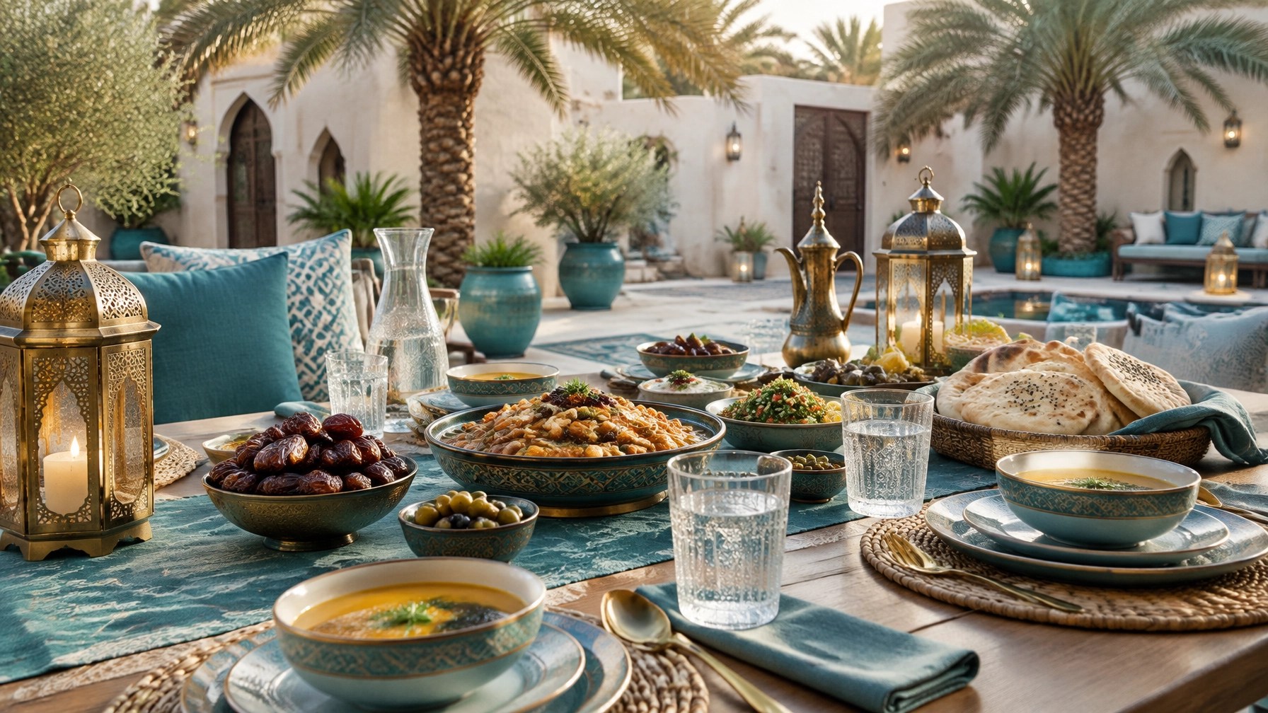 A calm, refined iftar table with dates, water, traditional dishes and lantern-lit details in a peaceful Saudi courtyard