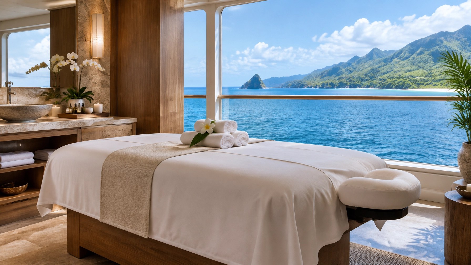 A serene cruise-ship spa treatment room with soft daylight, folded towels, and an ocean view