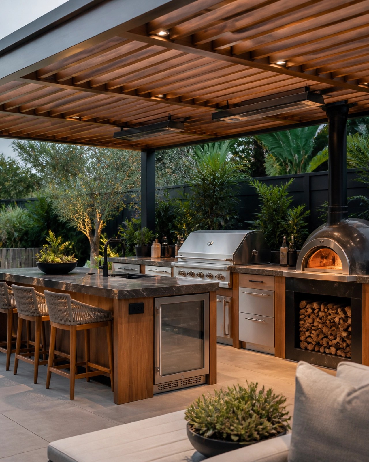 A modern outdoor kitchen with stainless steel appliances and wood accents
