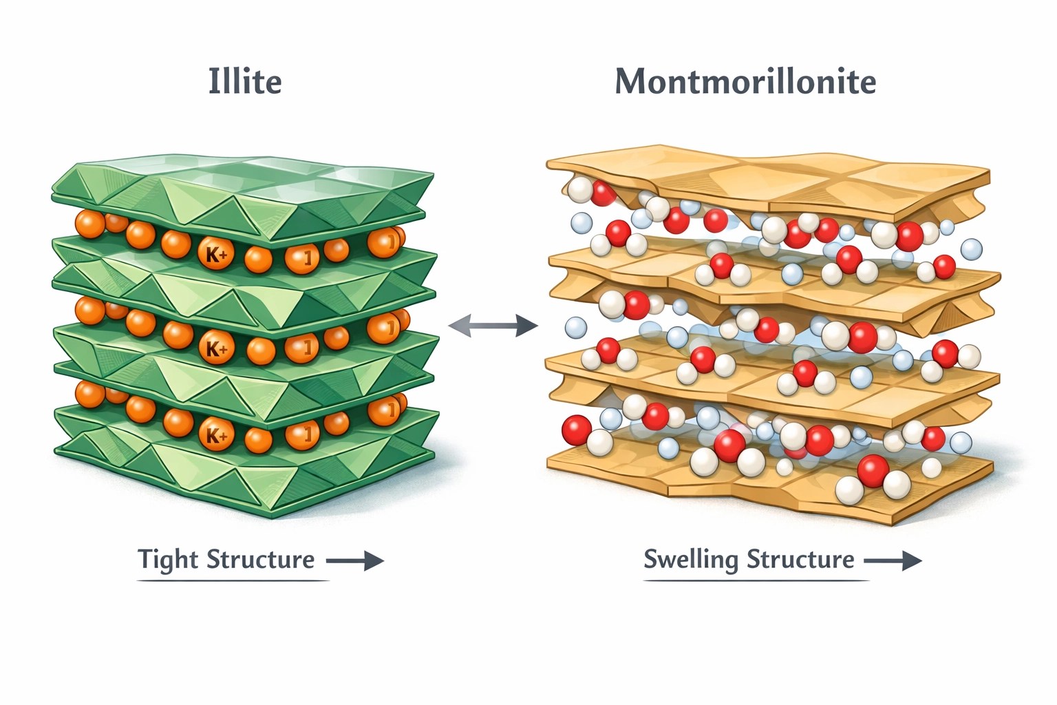 Illite vs montmorillonite clay mineral structure comparison showing expanding and non-expanding properties