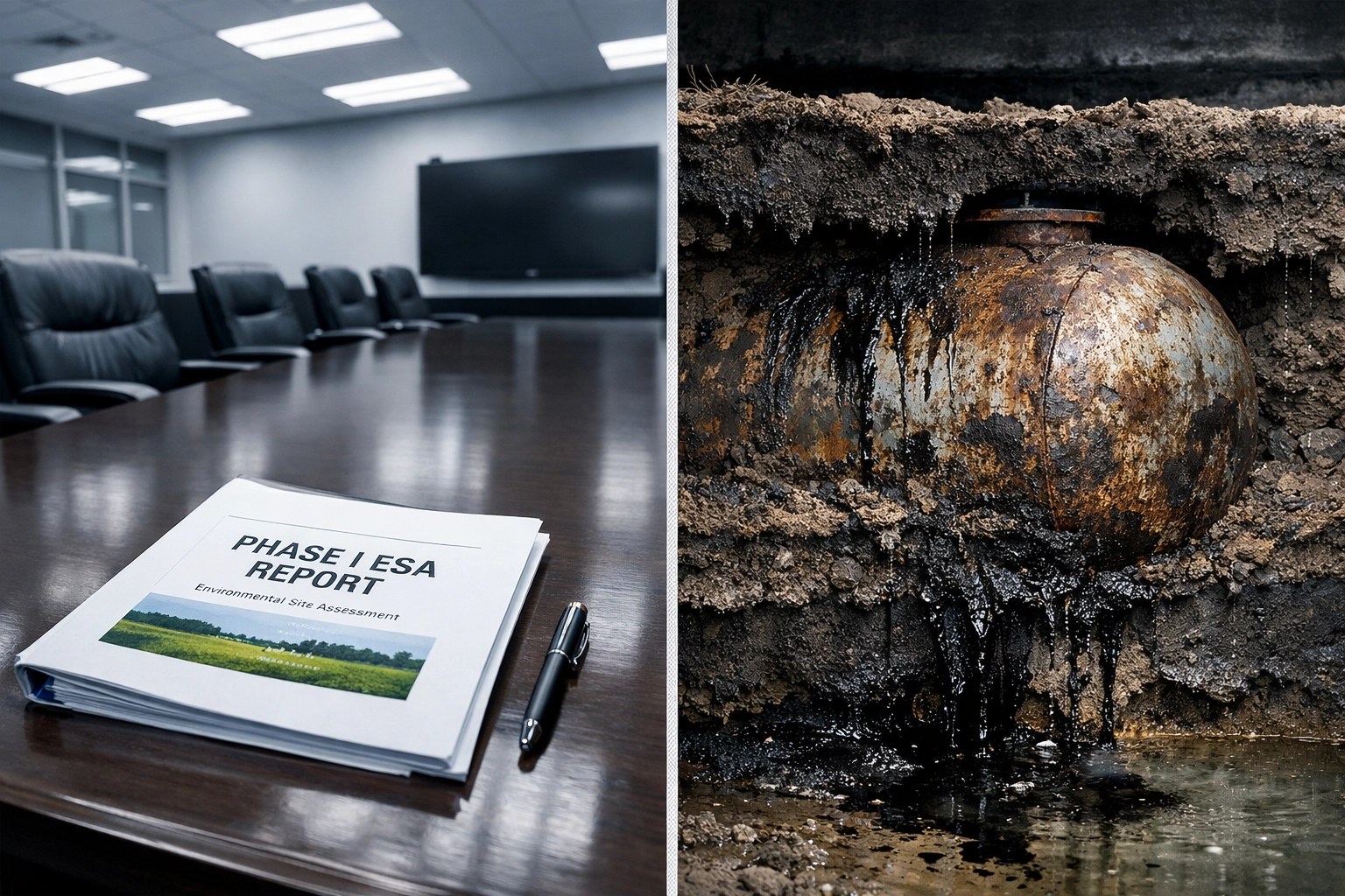 Phase I ESA report contrasted with hidden underground storage tank contamination in soil layers