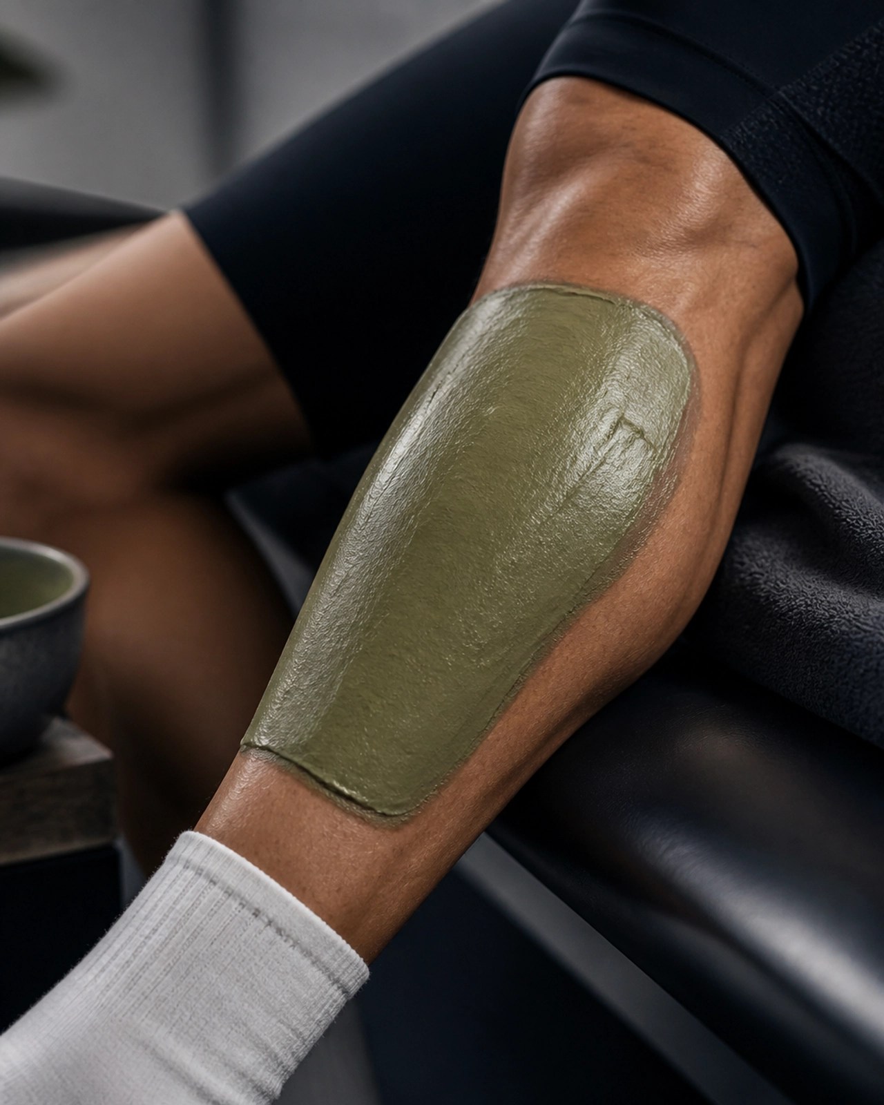 Athlete applying a green clay poultice for muscle recovery