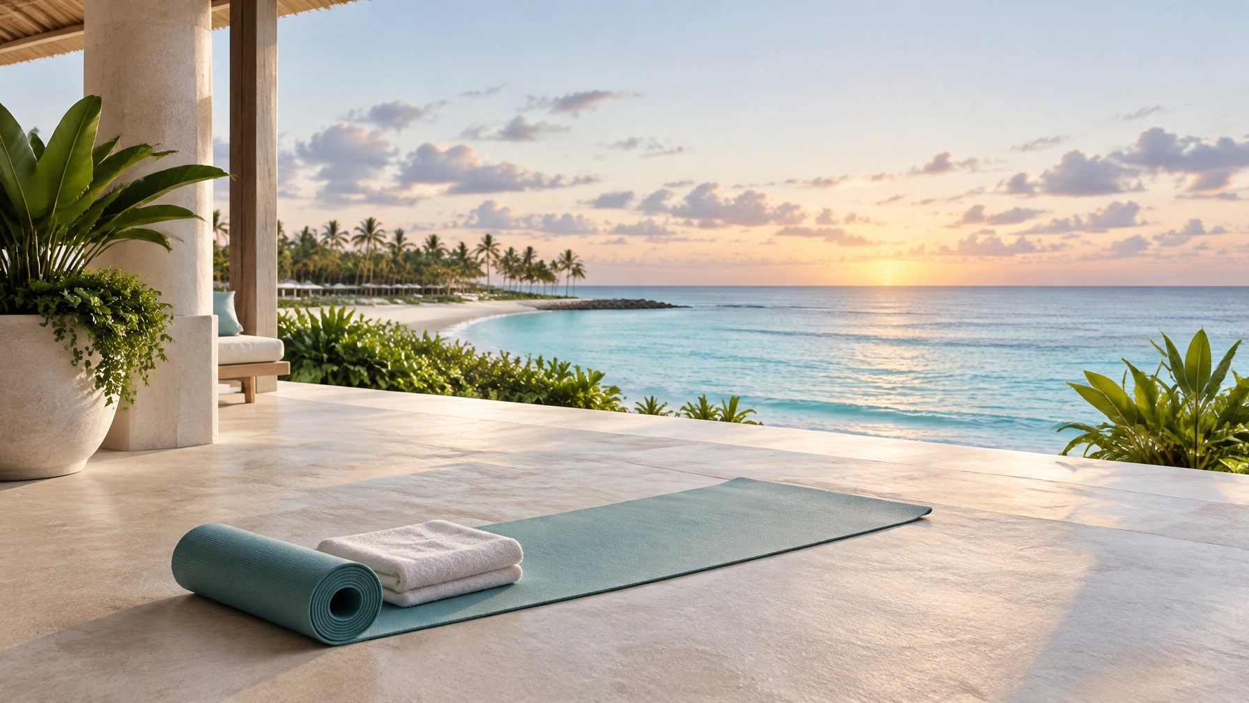 A serene resort yoga terrace overlooking the ocean, with a neatly rolled mat and towel