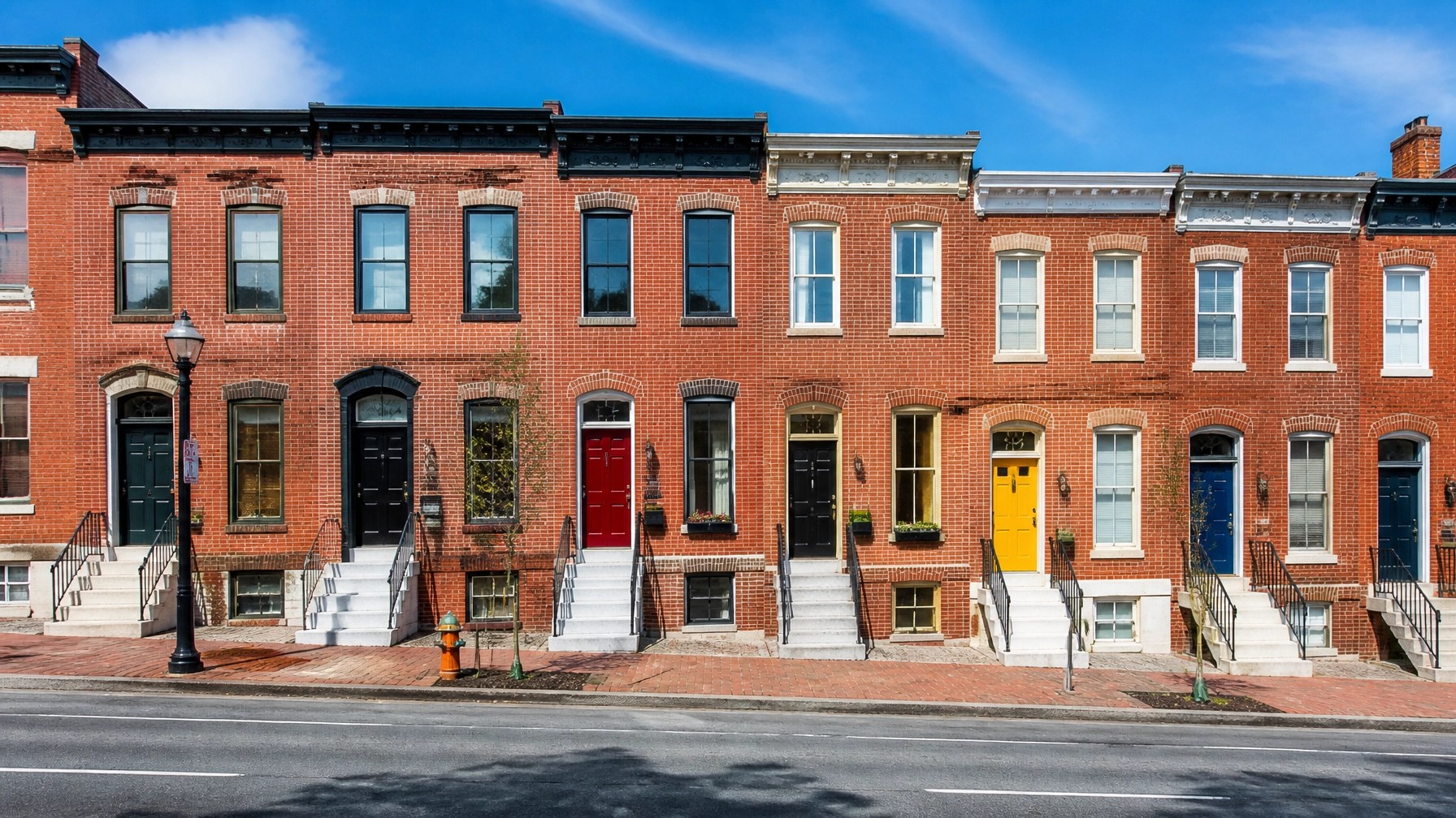 Classic, historic red brick Baltimore rowhouses, some freshly renovated.