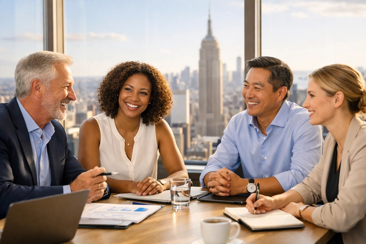 Diverse team of New York employees collaborating in a modern office, representing a healthy small business.