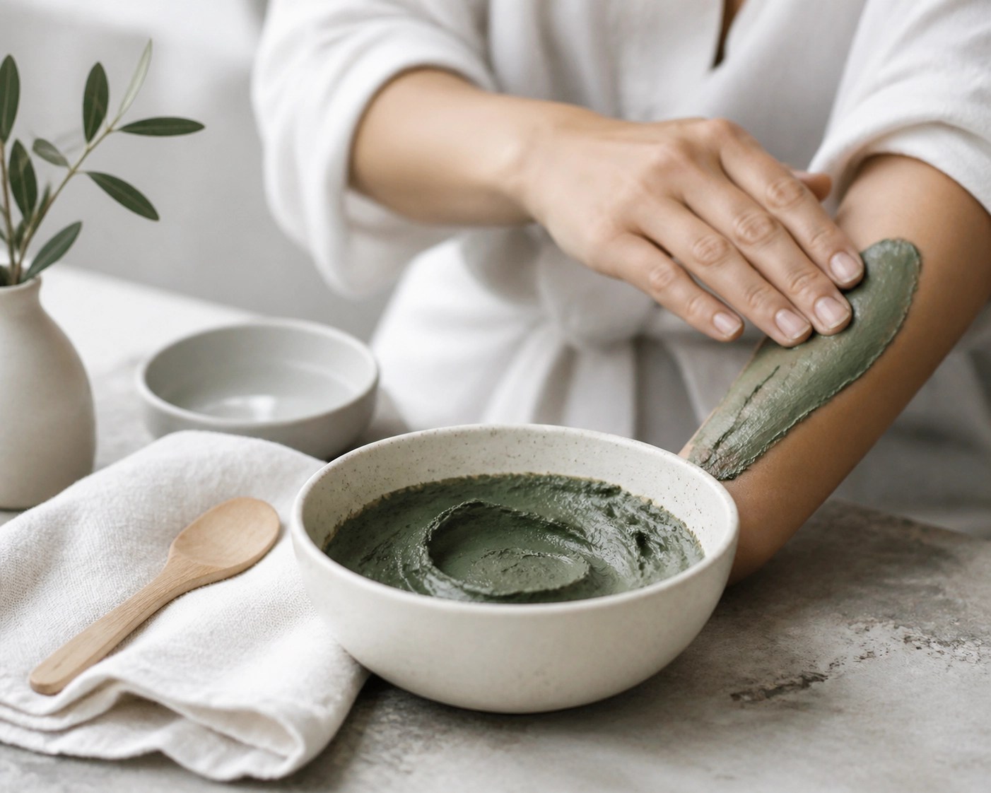 Person applying a thick layer of healing green clay paste to skin as part of a natural detox ritual.